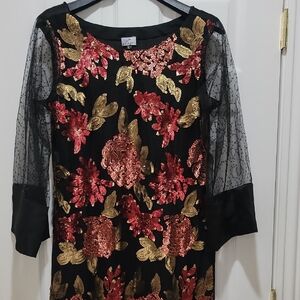 Black Dress with Red and Gold Sequin Floral Pattern.New